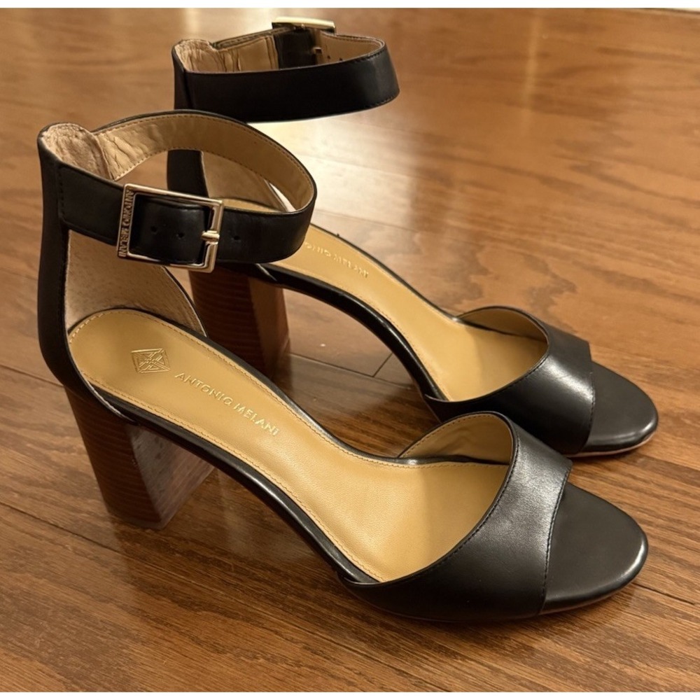 Antonio Melani Black Leather Block Wood Heel Sandals Ankle‎ Strap Size 7.5 EUC